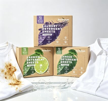 Fogli di detersivi per biancheria biodegradabili e rispettosi dell'ambiente con tensioattivo vegetale e formula sicura per l'acqua non tossica